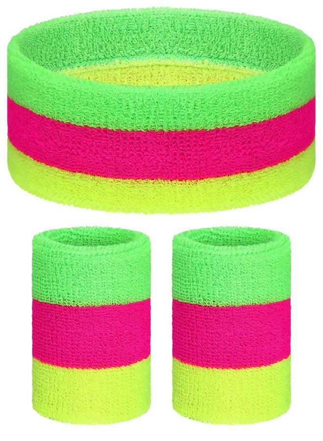 Knitgrip 3 Pack Neon Sweatbands Set 80s Wristband and Headband Color War Accessories Sports Sweatbands for Party Halloween,Christmas(Mixing Colors) - Image 1